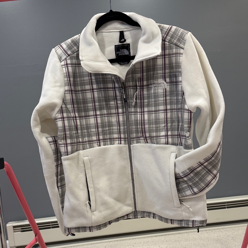 The North Face White/Gray/Purple Plaid Denali Fleece Jacket